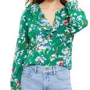 NEW NWT Loft Bouquet Ruffle Tie Neck Blouse Kelly Green Size LP